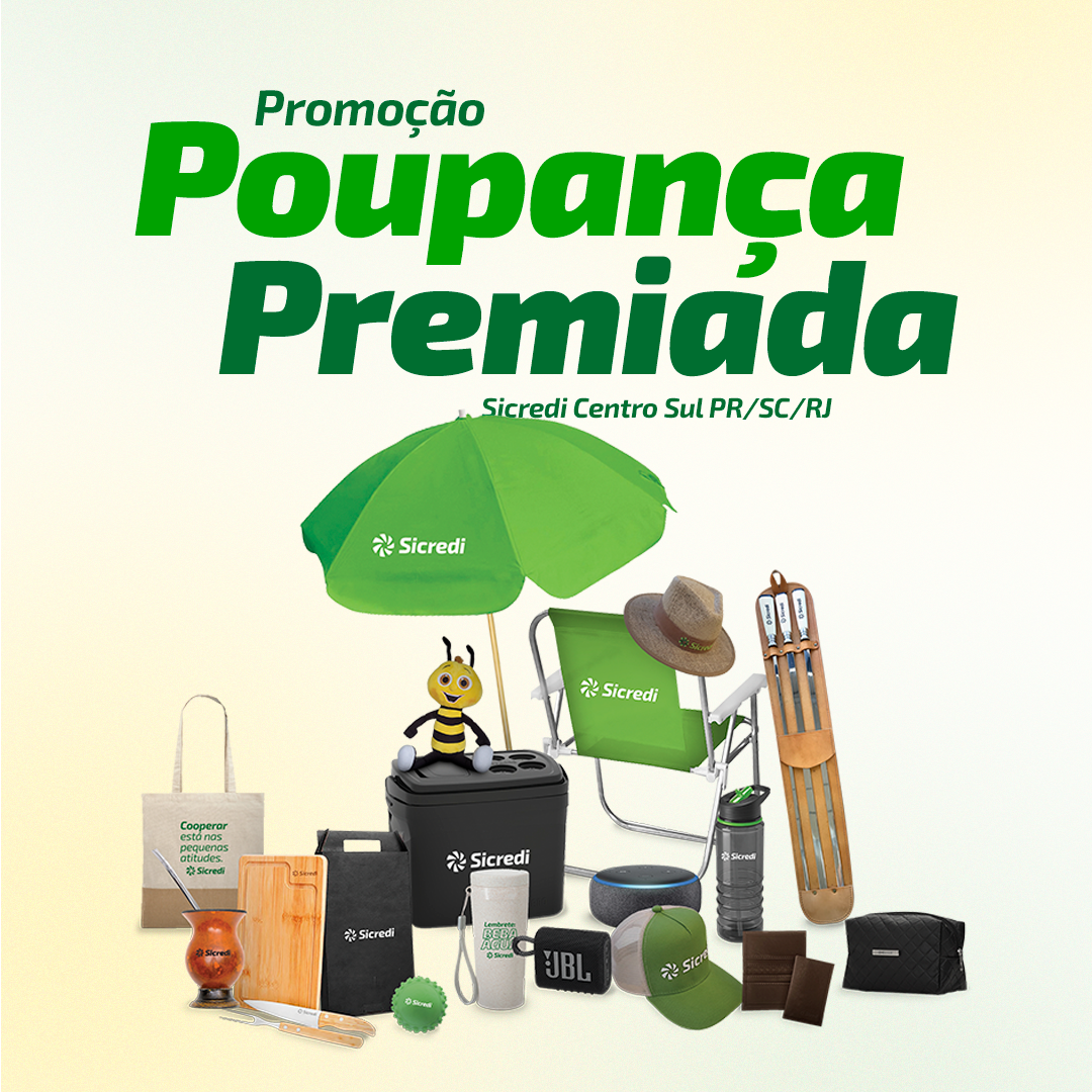 Imagem de divulgação da promoção, com as imagens dos prêmios, como: Guarda-sol, caixa térmica, boné, caixa de música, etc.