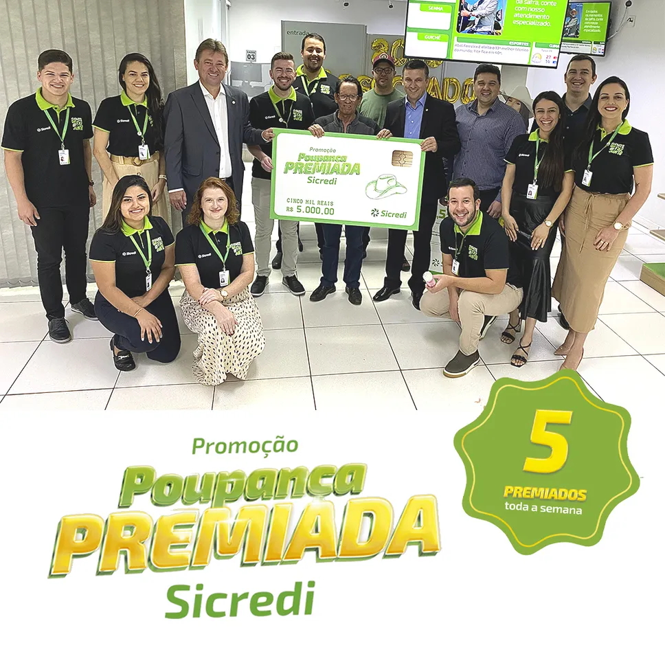  Colaboradores da agência de turvo e lideranças do Sicredi, junto com o associado que ganhou o prêmio 