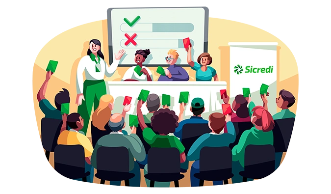  Ilustração de uma assembleia de núcleo do Sicredi 