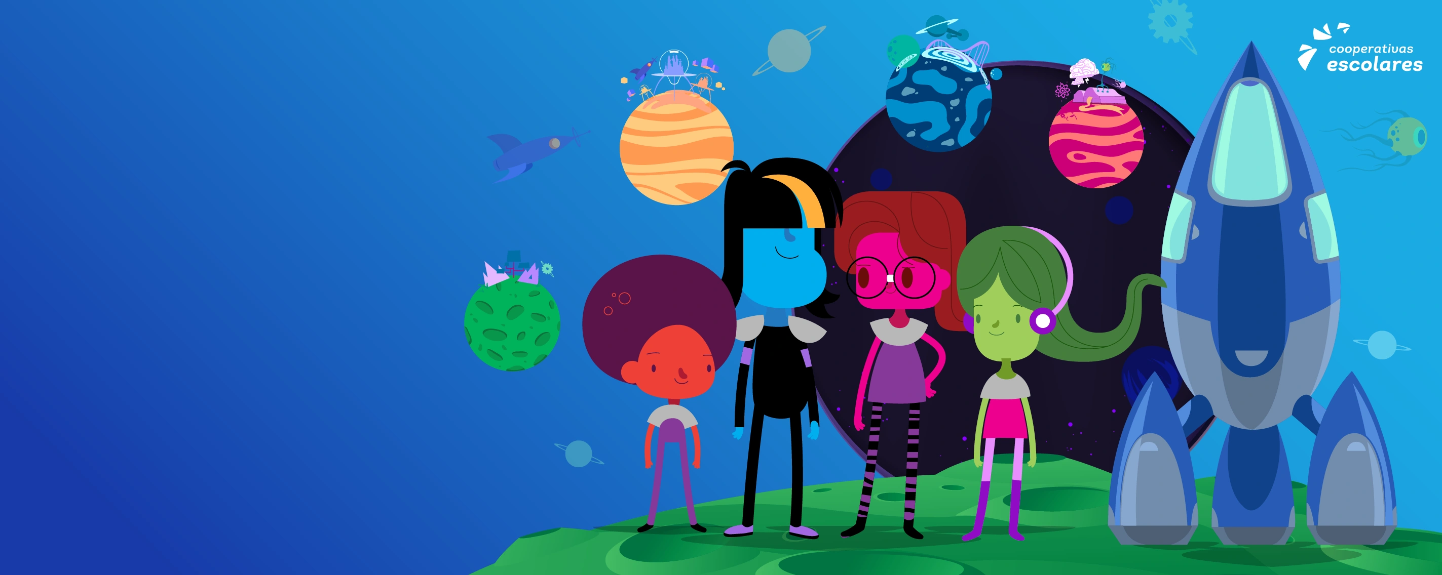  Ilustração de um foguete no espaço com personagens do jogo Cooperlândia 