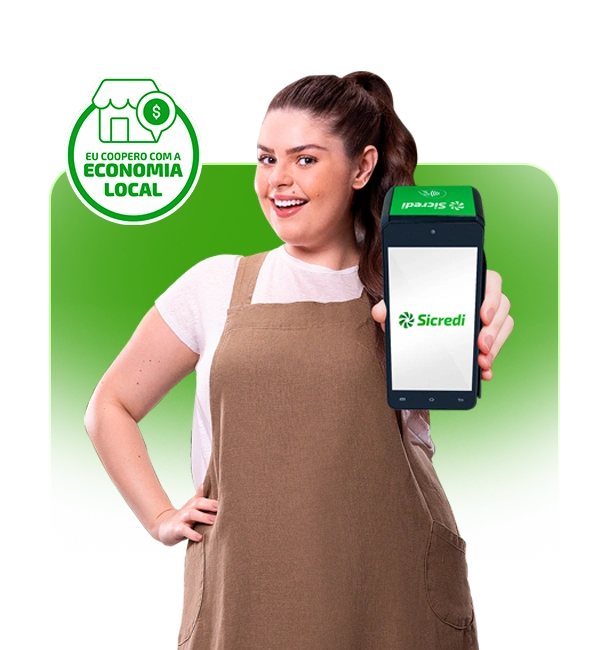  Mulher segurando maquina de cartão Sicredi 