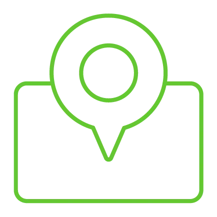  Ícone minimalista em linha verde representando um terreno, com marcador de localização sobre uma área retangular. 