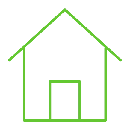  Ícone minimalista em linha verde representando uma casa, com telhado triangular e porta centralizada. 