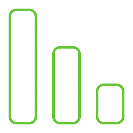  Ícone de barras verticais em diferentes alturas, desenhadas com linhas verdes, representando um gráfico ou indicadores de desempenho. 