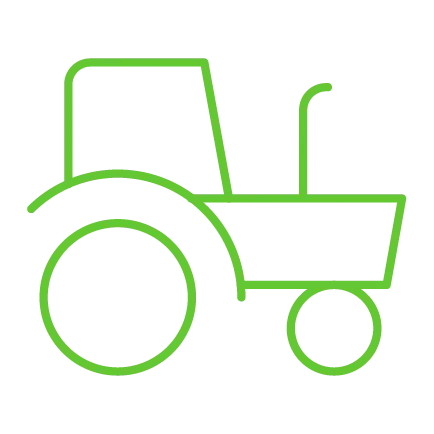  Ícone de um trator desenhado com linhas verdes simples, representando uma máquina agrícola. 