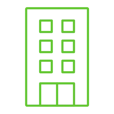  Ícone de edifício comercial desenhado com linhas verdes, representando uma empresa ou organização. 