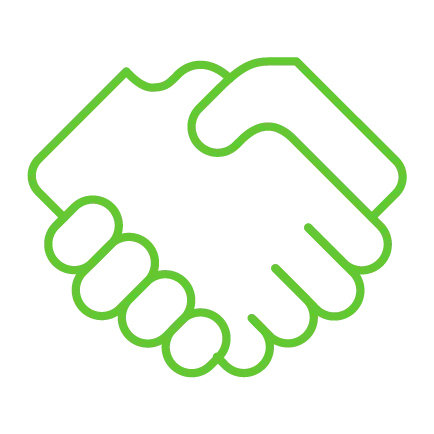  Ícone de duas mãos se cumprimentando em formato de aperto de mão, desenhado com linhas verdes, representando parceria e acordo. 