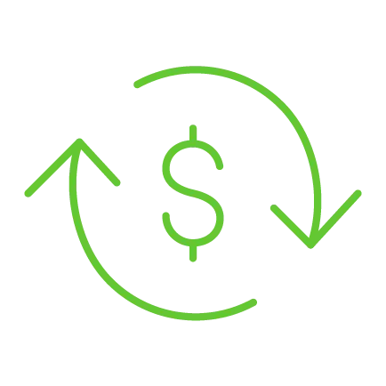  Ícone de seta circular envolvendo o símbolo de dólar, representando fluxo financeiro, renovação ou condições de pagamento. 
