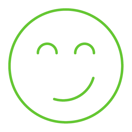  Ícone de um rosto sorridente desenhado com linhas verdes, representando satisfação. 