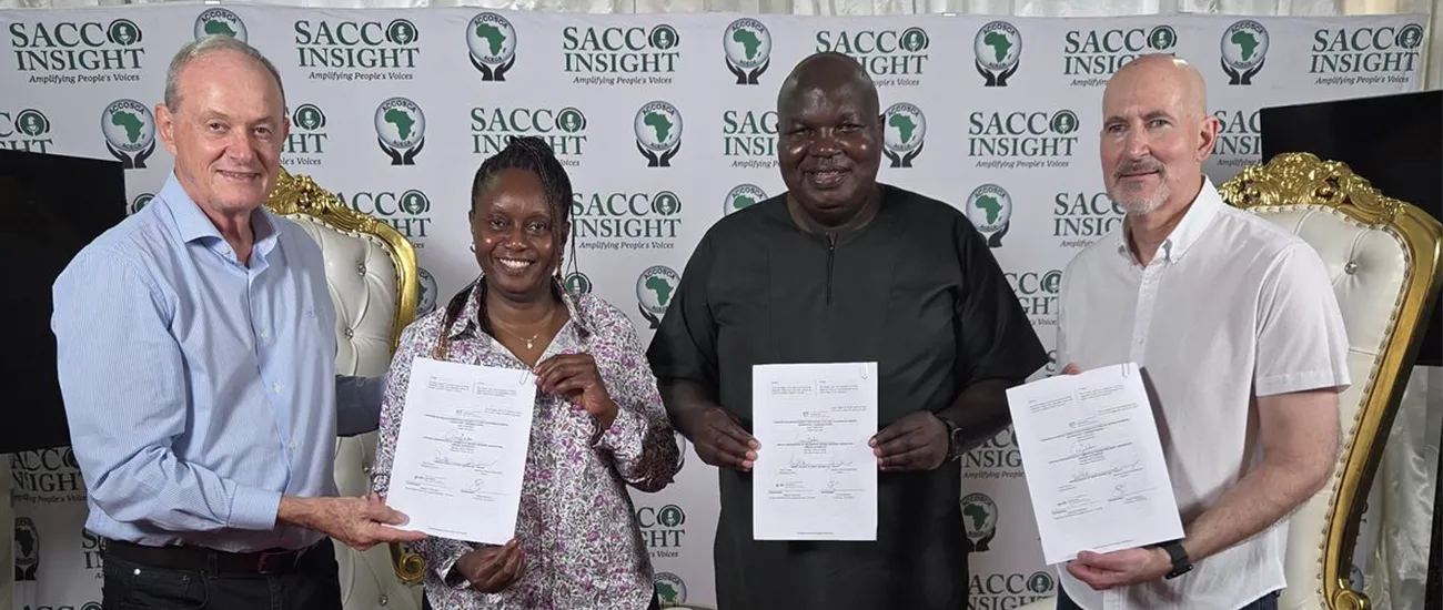  Manfred Dasenbrock com Grace Akinyi, diretora da ACCOSCA, George Yashon Ombado, diretor executivo e CEO da ACCOSCA e Paul Treinen, presidente e o CEO da WOCCU  Divulgação/Sicredi 