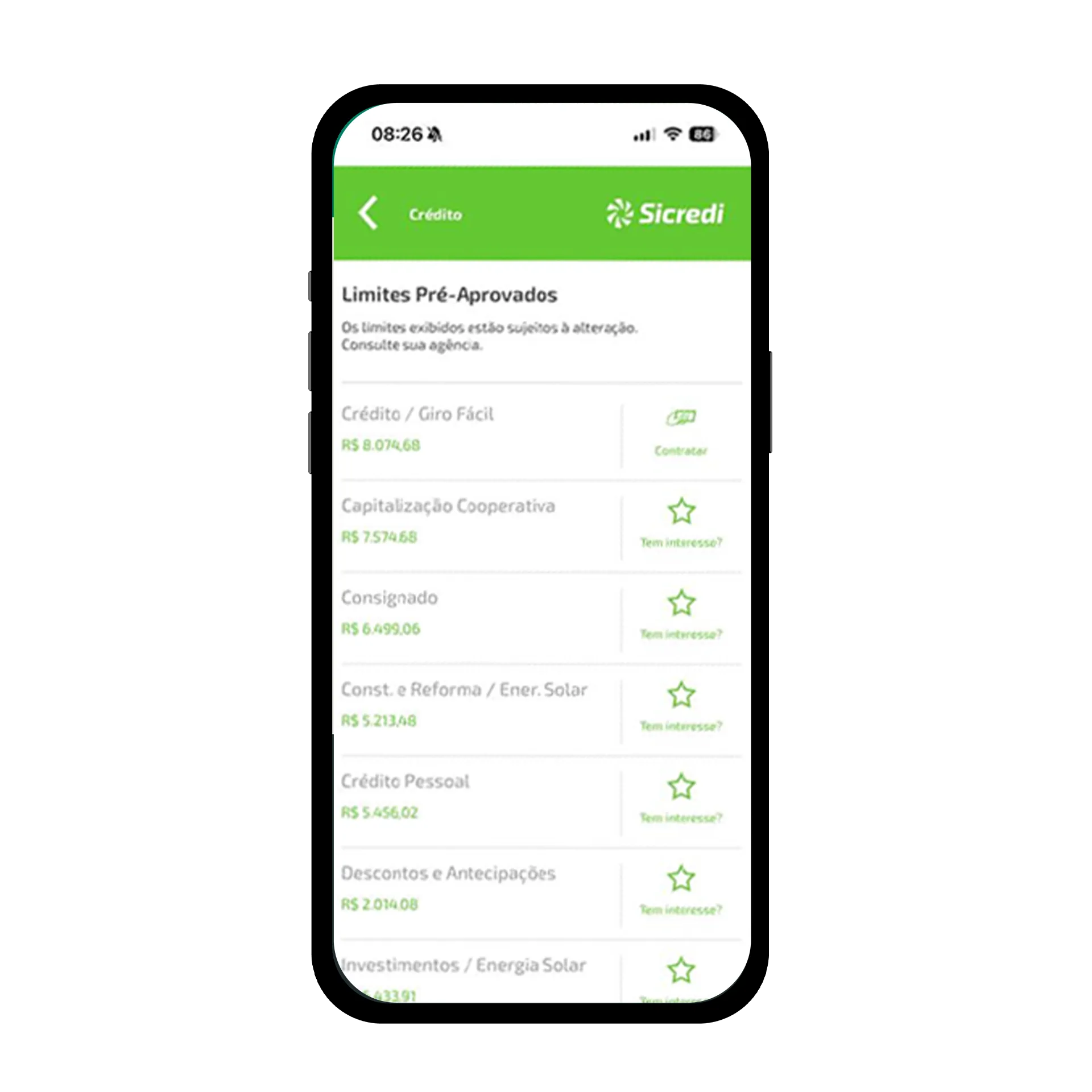  Tela de celular mostrando a página de crédito disponível para uso. 