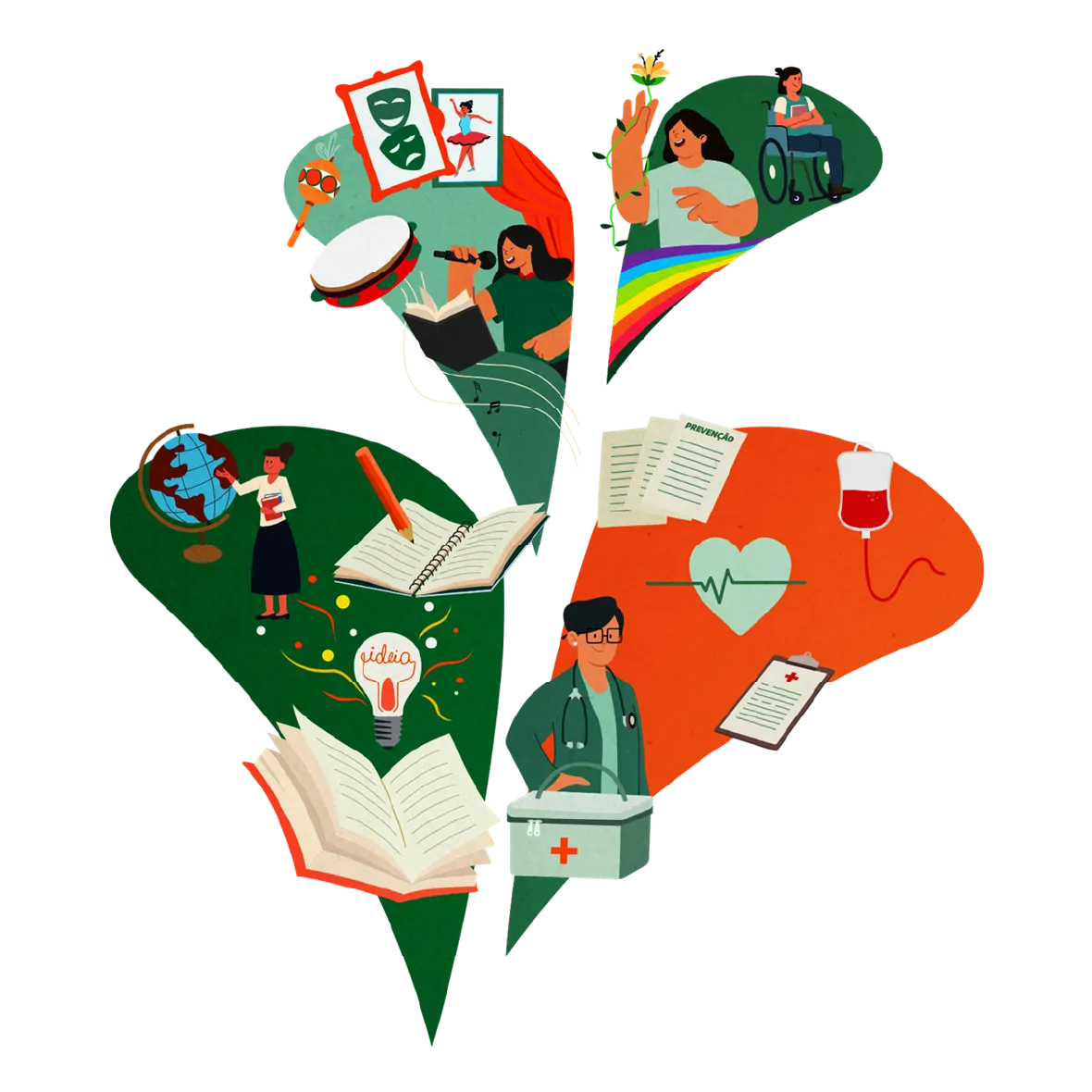  Símbolo estilizado do Fundo Social com as principais áreas representadas por meio de ilustrações 