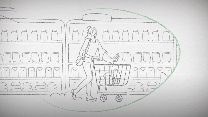 ilustração de uma mulher colocando itens no carrinho de compras no supermercado
