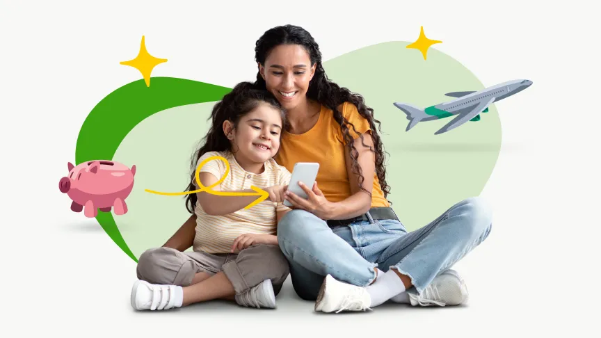  Mãe e filha sorrindo ao controlar pelo celular a primeira conta da filha no banco 
