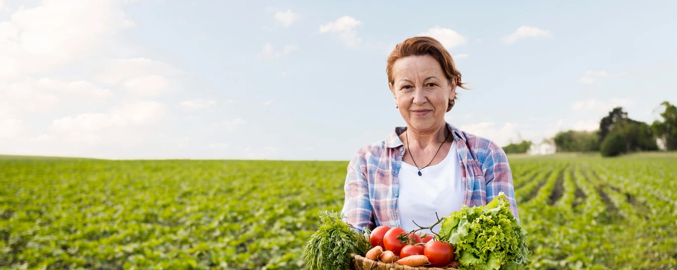  Mulher segurando uma cesta de legumes em um campo verde. 