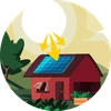  Ilustração de raios solares em sendo enviados em direção a placas fotovoltaicas, instaladas em telhado de casa. 