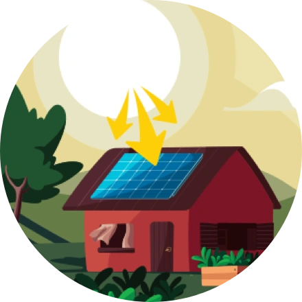 Ilustração de raios solares em sendo enviados em direção a placas fotovoltaicas, instaladas em telhado de casa.