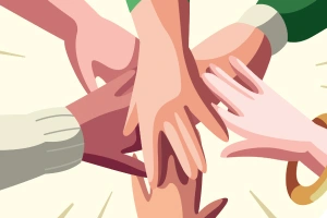 ilustração de várias mãos sobrepostas - a poupança rende para todo mundo