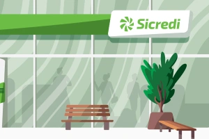 ilustração da fachada de uma agência do Sicredi