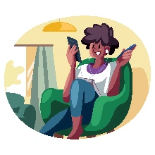  Figura de mulher negra sentada no sofá abrindo sua conta corrente no Sicred. 