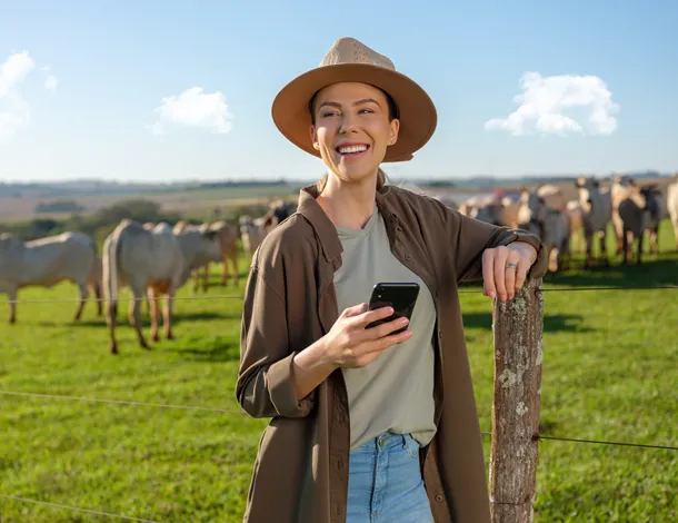  mulher branca sorri segurando celular em campo com bois 