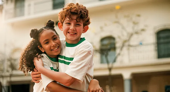  duas crianças sorriem e se abraçam 
