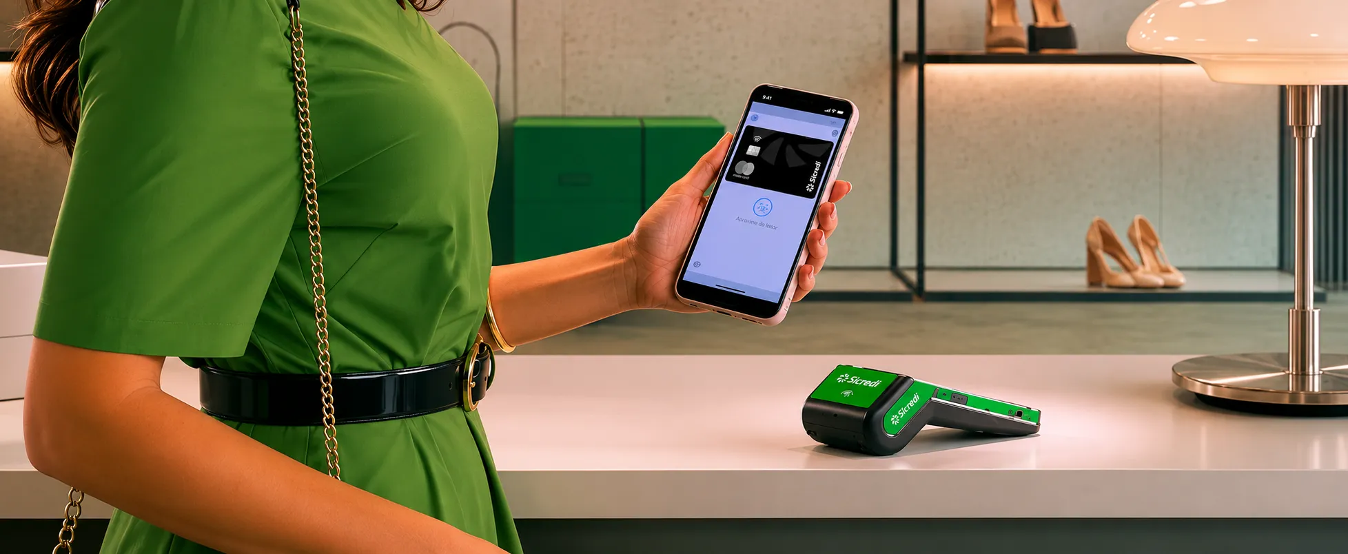  mulher com vestido verde paga conta por aproximação com celular 