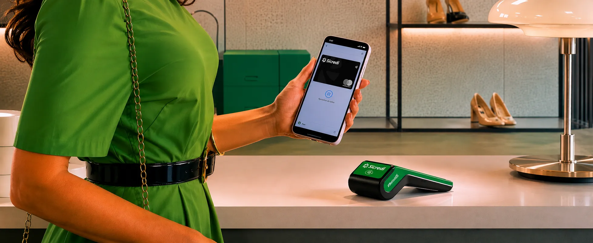 mulher com vestido verde paga conta por aproximação com celular 