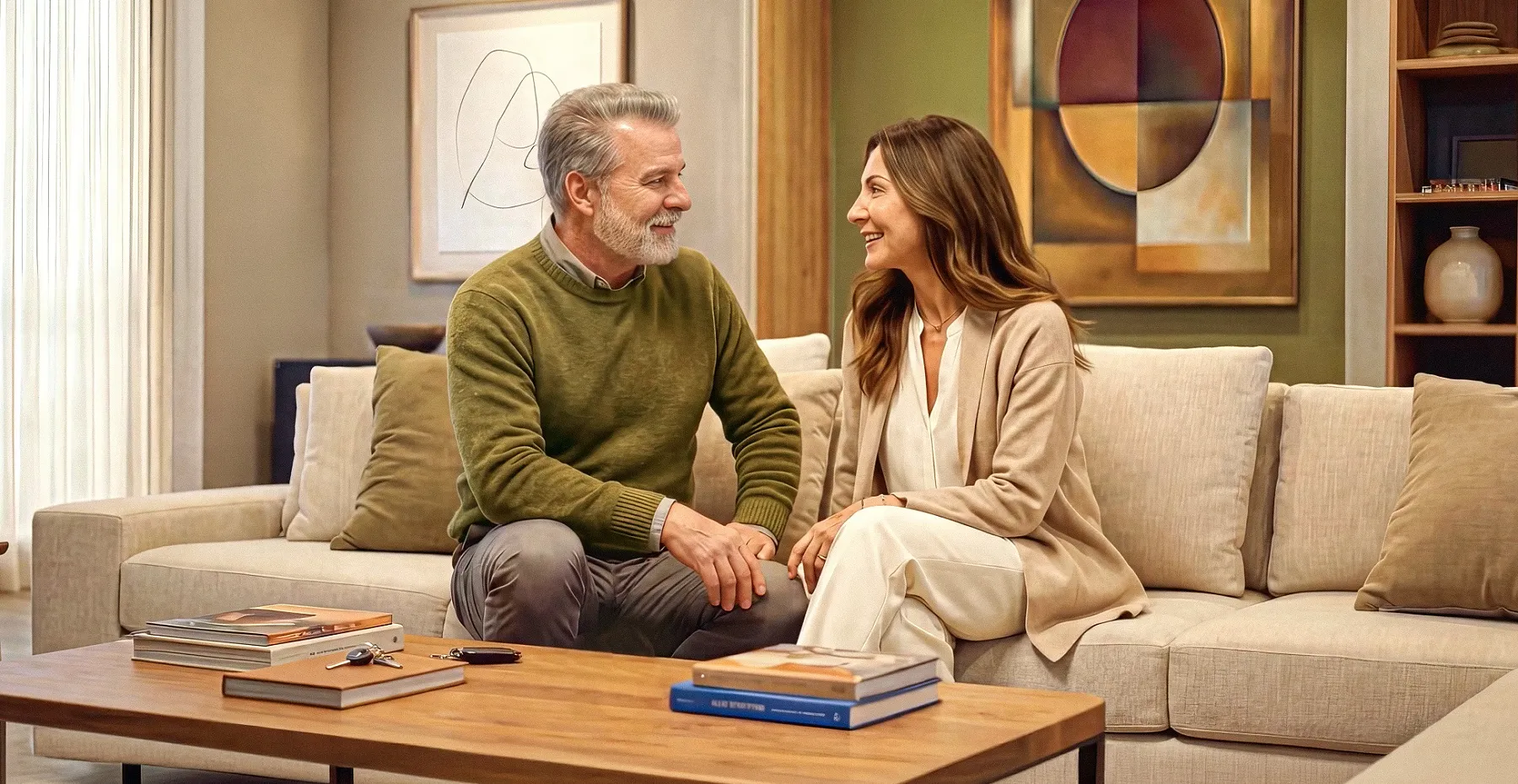  casal homem e mulher sentados no sofa da sala de estar 