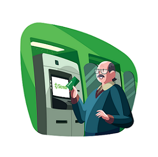 ilustração de um idoso usando o cartão no caixa eletrônico do Sicredi